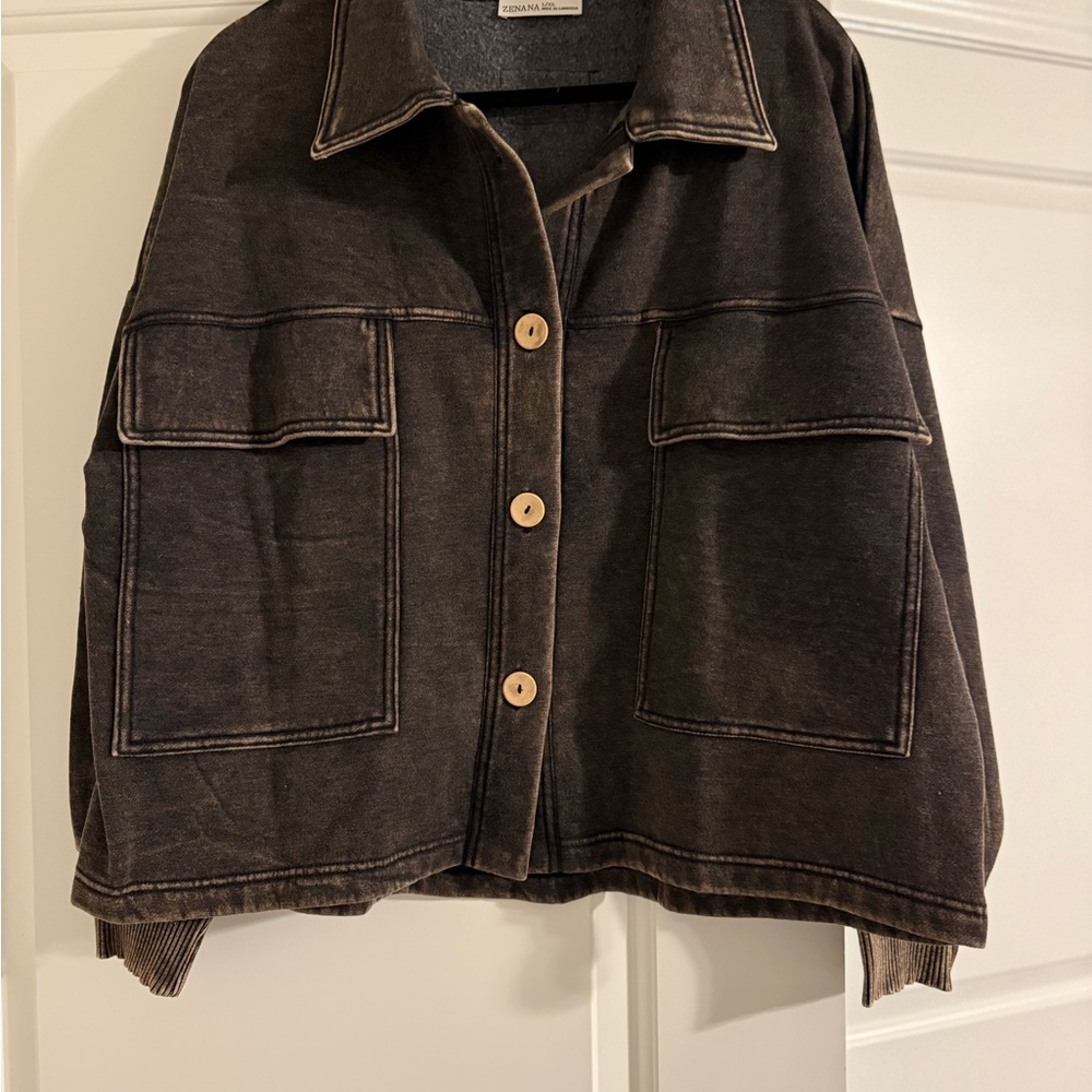 Zenana Charcoal Denim Jacket with Wooden Buttons